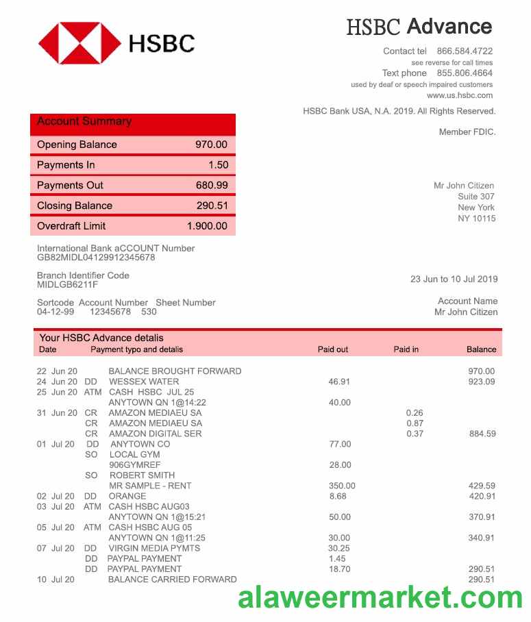 USA HSBC bank statement template, fully editable in PSD format